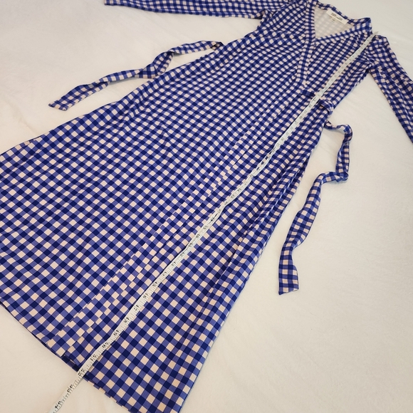 Diane Von Furstenberg DVF Blue Gingham Silk Jersey Julian Long Wrap Dress Sz 6 - Picture 11 of 14